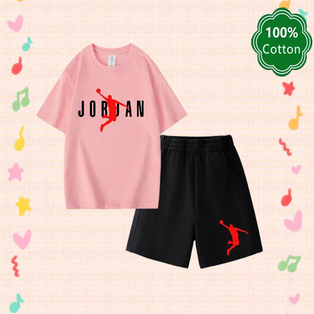 Conjunto de camiseta y pantalones cortos informales con estampado Harajuku Jordan, 100% algodón, diseño clásico, regalo de verano para niños y niñas de 3 a 14 años