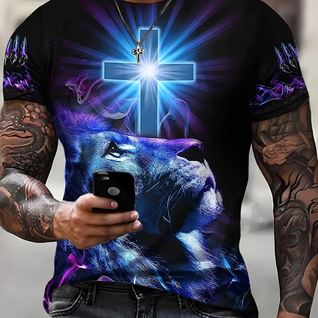 Camiseta deportiva de moda para hombre, cómoda y versátil, manga corta, cuello redondo, estampado de León y Cruz, estilo atlético, para verano