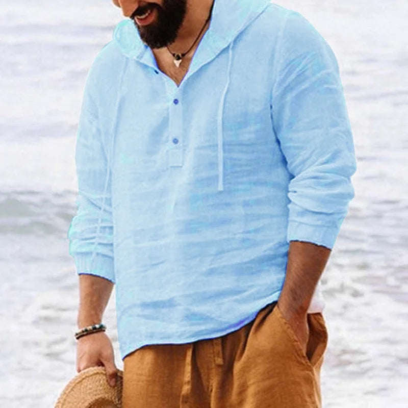 Camiseta de manga larga con capucha para hombre, camisa informal de lino y algodón con botones, Color sólido, Estilo Vintage, para playa, verano, 2026. Modergreen beach ⛱️