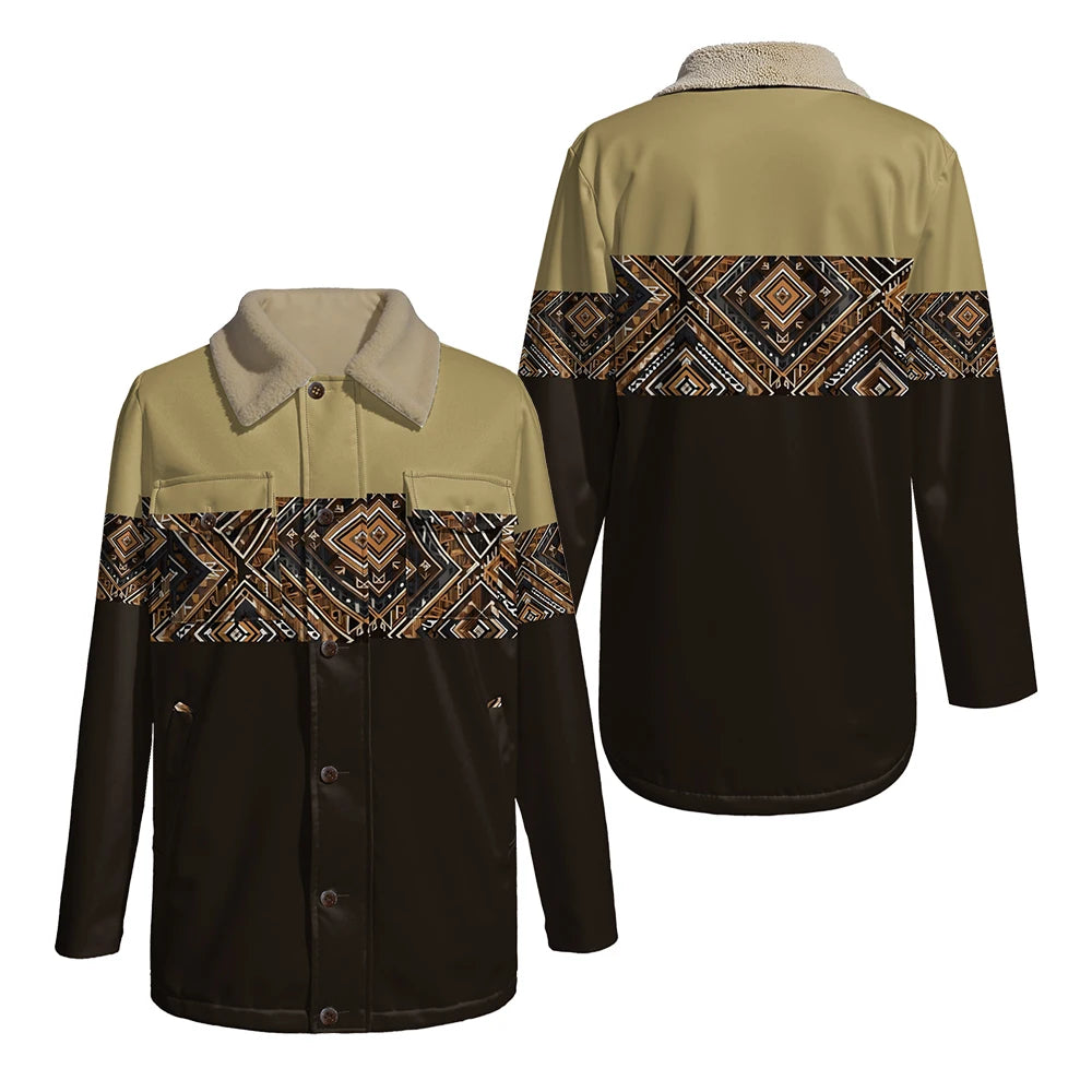 Chaqueta reversible con estampado tribal y cuello de piel sintética, abrigo con patrón geométrico para otoño e invierno, ropa de abrigo de doble bolsillo de estilo bohemio