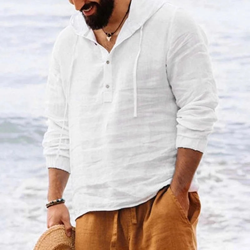Camiseta de manga larga con capucha para hombre, camisa informal de lino y algodón con botones, Color sólido, Estilo Vintage, para playa, verano, 2026. Modergreen beach ⛱️