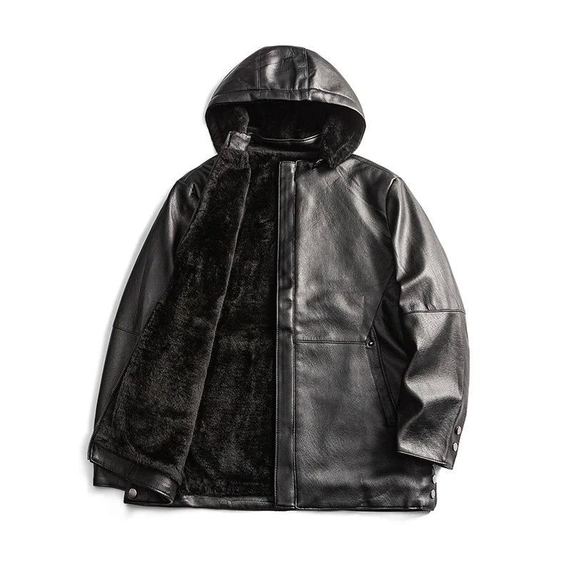 Chaqueta de cuero negro Vintage para hombre, abrigo cálido a prueba de viento con forro polar de invierno, ropa de lujo para hombre, chaqueta de cuero para hombre
