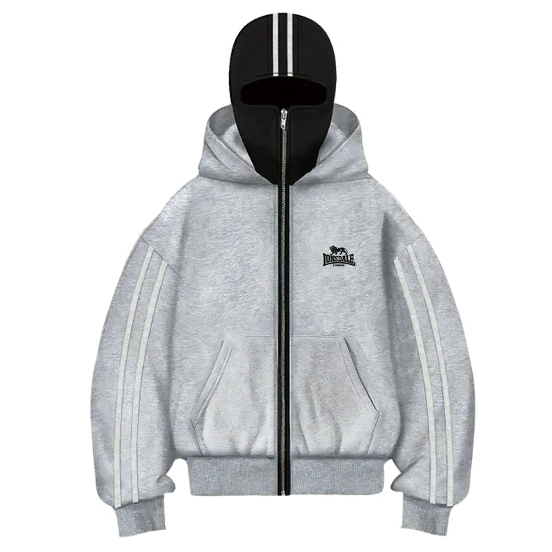 2025 Sudadera con capucha de doble sombrero de manga larga para fitness al aire libre de otoño e invierno para hombre Chaqueta tipo cárdigan holgada, moderna e informal con cremallera