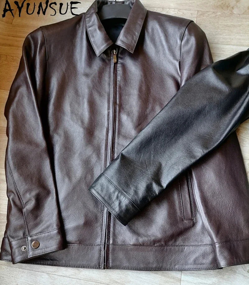 AYUNSUE Chaqueta De cuero genuino De otoño para hombre, chaquetas ajustadas De Cuero De vaca auténtico, abrigo corto De Cuero, abrigos informales, Chaqueta De Cuero SGG977