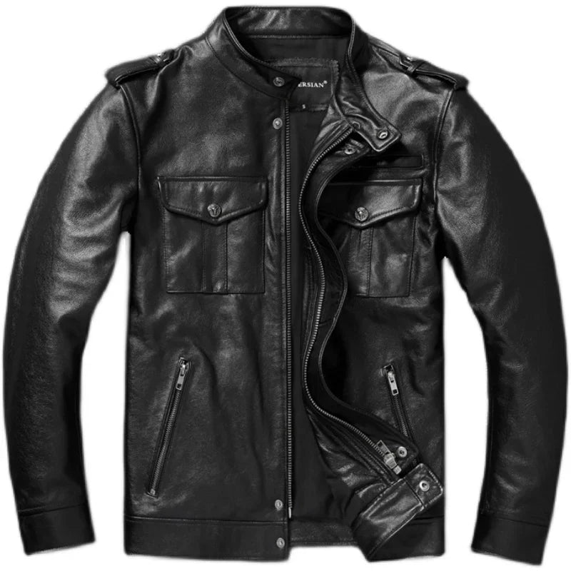 Chaqueta De Cuero De vaca auténtico Para Hombre, abrigos negros, otoño y primavera