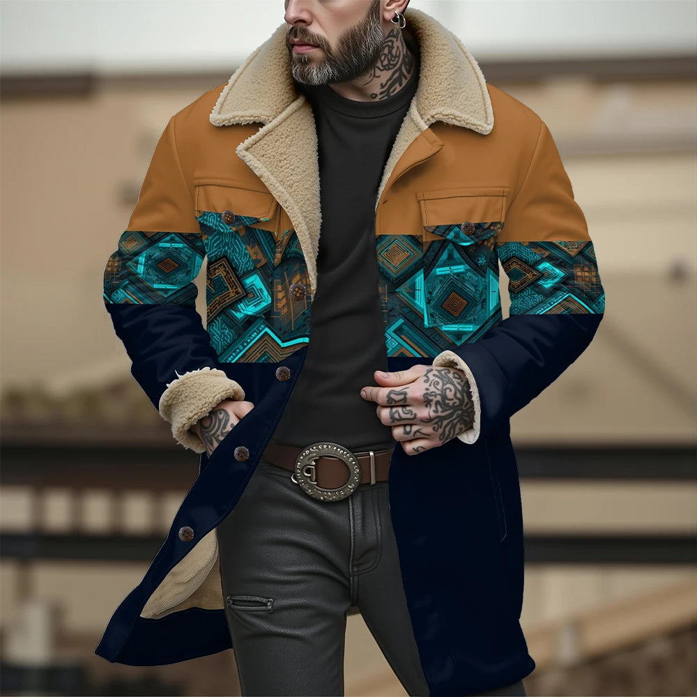 Chaqueta reversible con estampado tribal y cuello de piel sintética, abrigo con patrón geométrico para otoño e invierno, ropa de abrigo de doble bolsillo de estilo bohemio