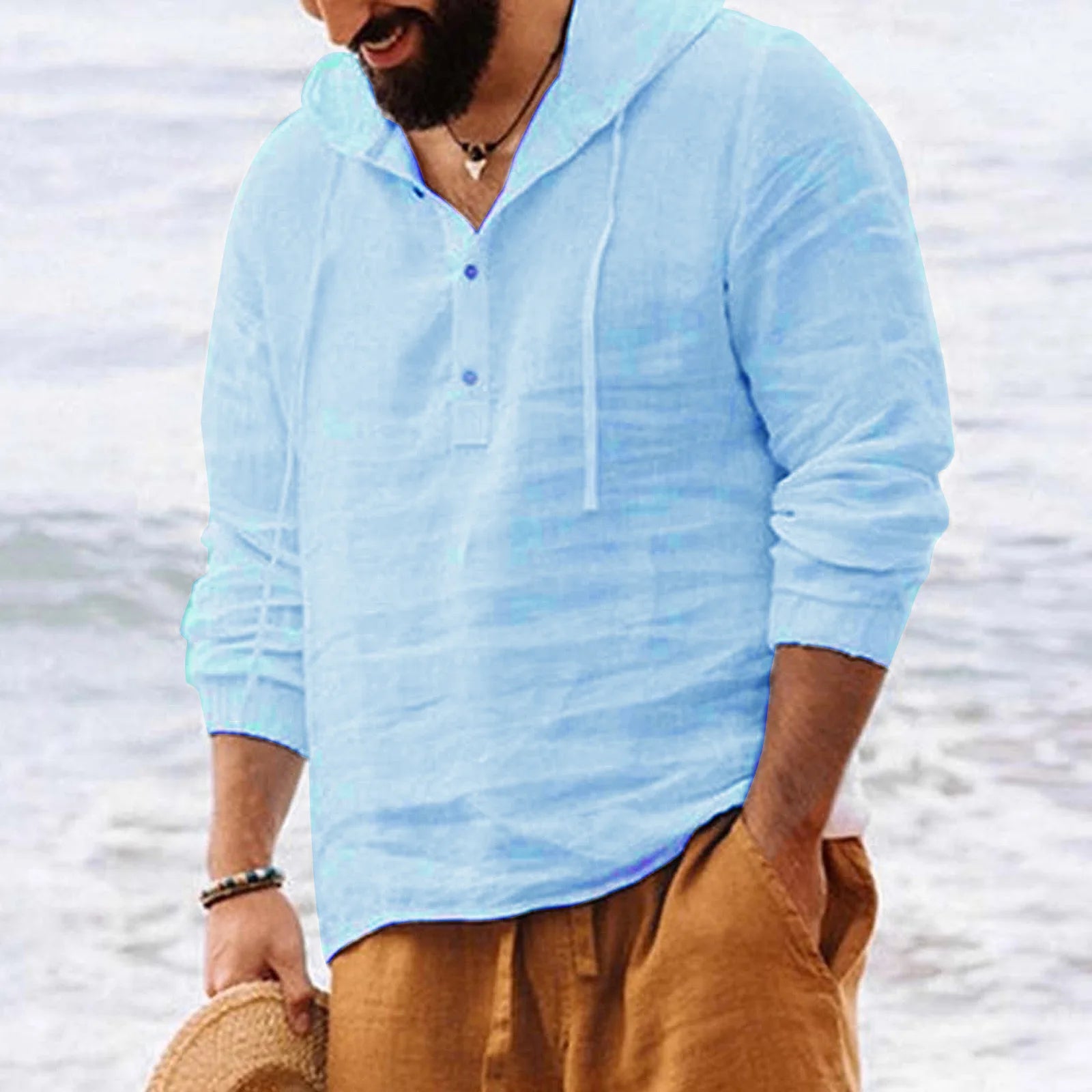 Camiseta de manga larga con capucha para hombre, camisa informal de lino y algodón con botones, Color sólido, Estilo Vintage, para playa, verano, 2026. Modergreen beach ⛱️