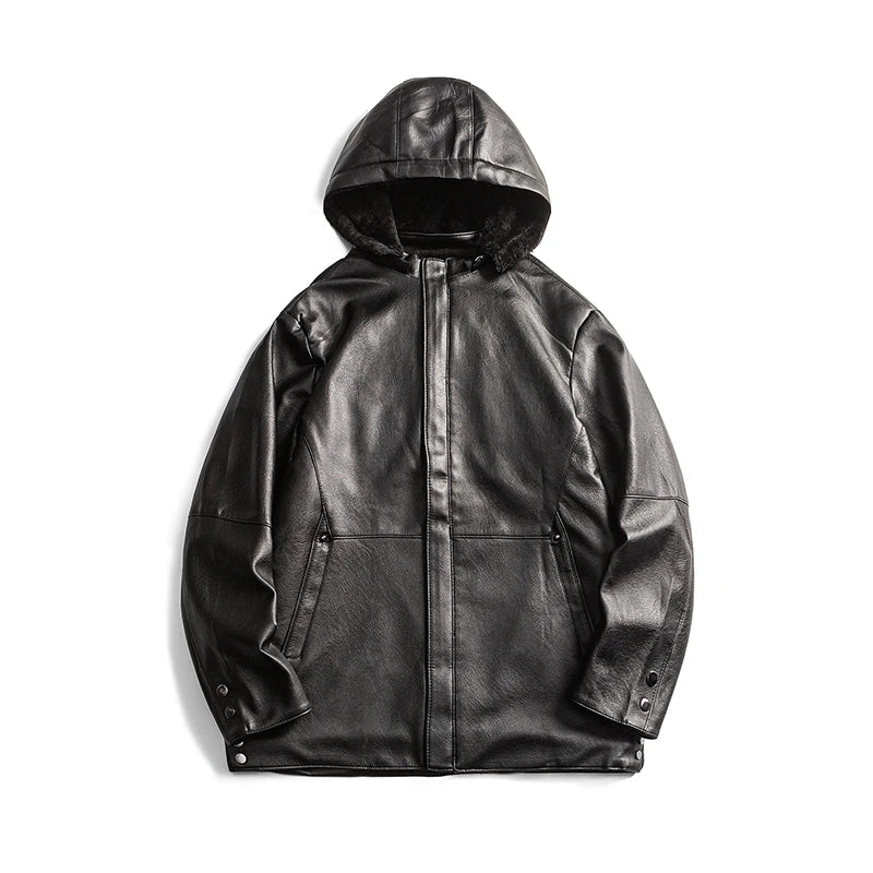 Chaqueta de cuero negro Vintage para hombre, abrigo cálido a prueba de viento con forro polar de invierno, ropa de lujo para hombre, chaqueta de cuero para hombre