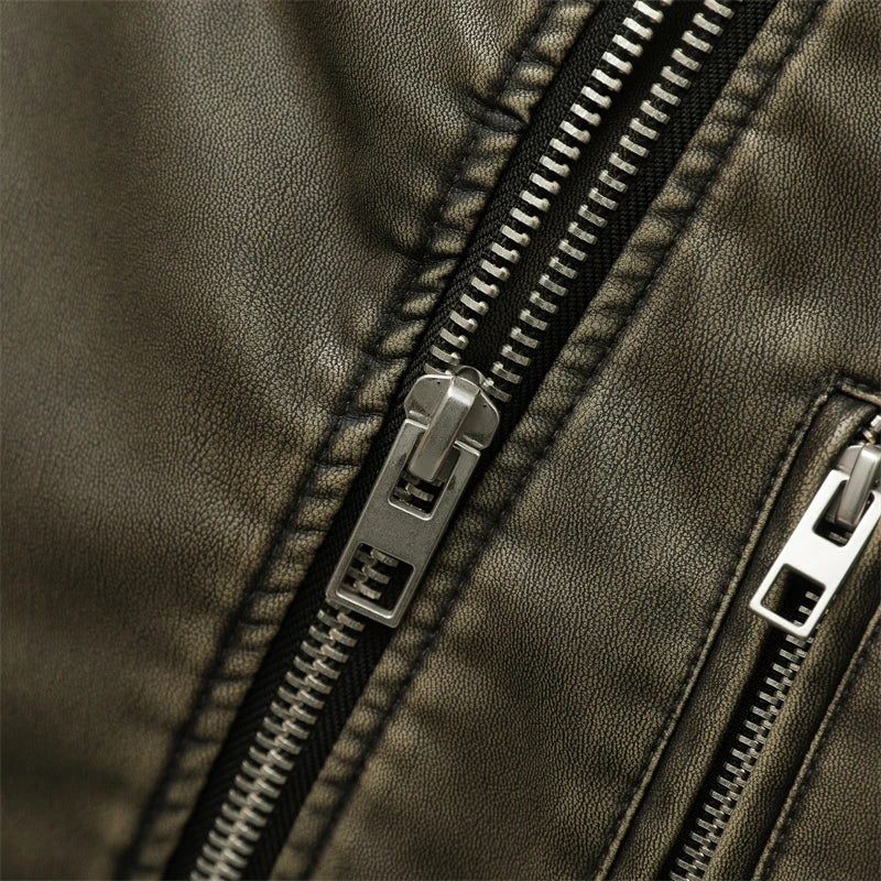 Chaqueta de cuero lavado con cinturón para mujer, abrigo corto con cremallera degradada y cuello vuelto Vintage, chaqueta elegan