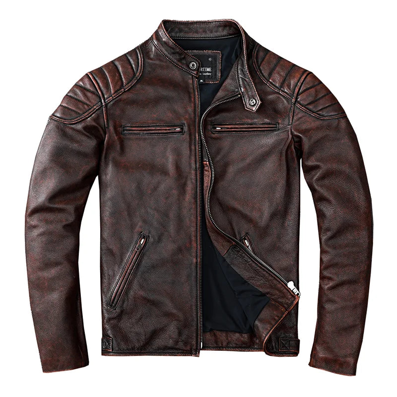 Chaqueta De Cuero De vaca para motocicleta, ropa De Moto, Ropa De cuero genuino para hombre, Chaqueta De motociclista Vintage, Abrigo De Cuero, Chaqueta De Cuero