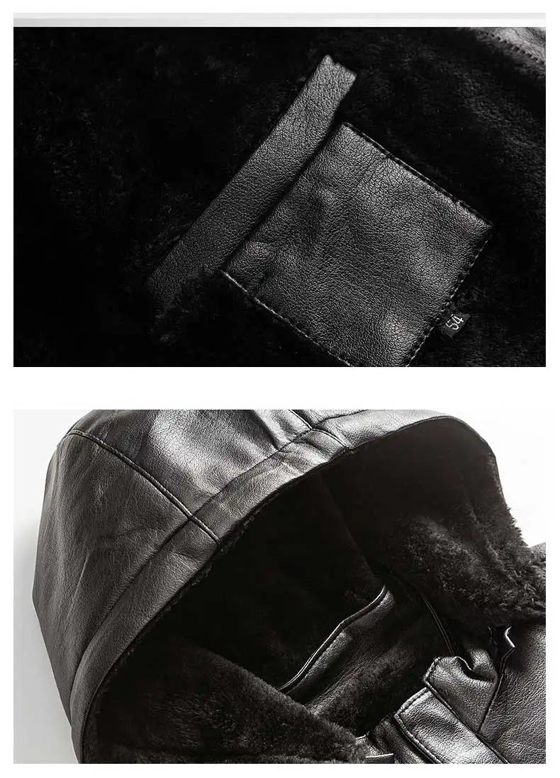 Chaqueta de cuero negro Vintage para hombre, abrigo cálido a prueba de viento con forro polar de invierno, ropa de lujo para hombre, chaqueta de cuero para hombre