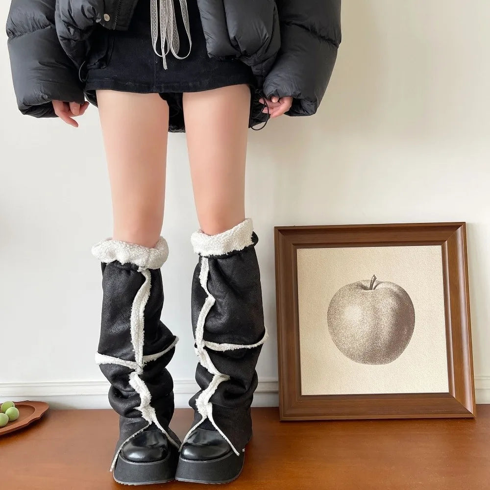 Calentadores de piernas de gamuza gruesa Lolita, diseño de cuello vuelto, protección contra el viento, cubierta para pies, botas cálidas a media pantorrilla, cubierta para Otoño e Invierno