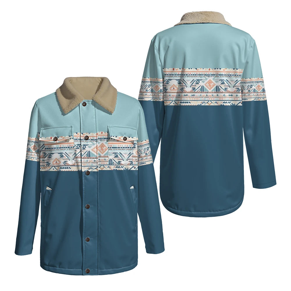 Chaqueta reversible con estampado tribal y cuello de piel sintética, abrigo con patrón geométrico para otoño e invierno, ropa de abrigo de doble bolsillo de estilo bohemio