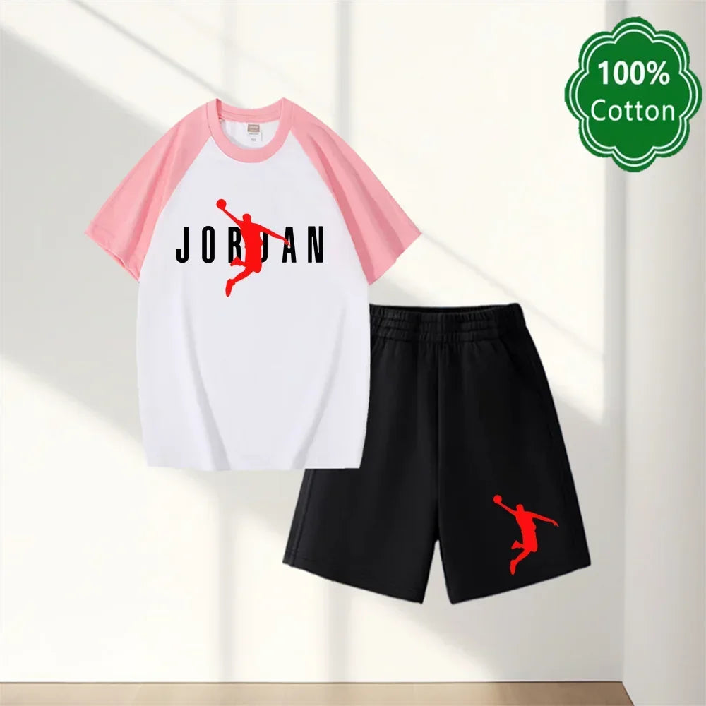 Conjunto de camiseta y pantalones cortos informales con estampado Harajuku Jordan, 100% algodón, diseño clásico, regalo de verano para niños y niñas de 3 a 14 años