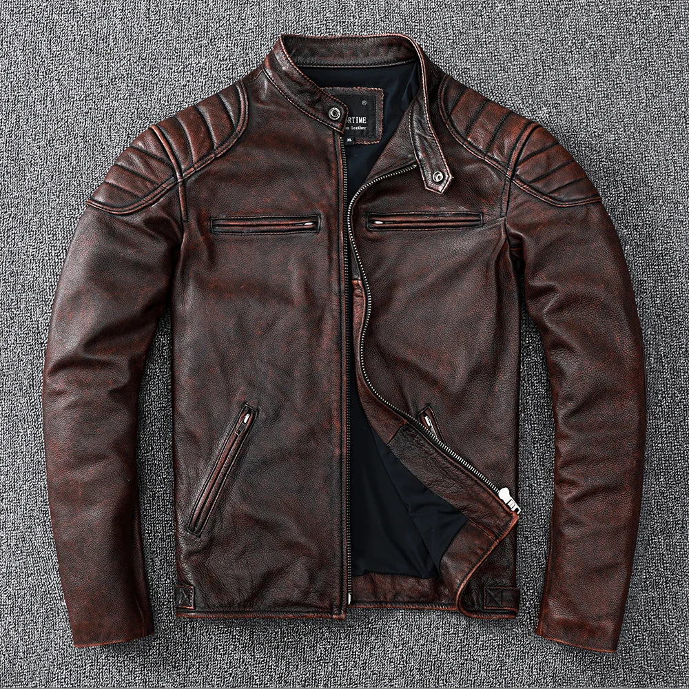 Chaqueta De Cuero De vaca para motocicleta, ropa De Moto, Ropa De cuero genuino para hombre, Chaqueta De motociclista Vintage, Abrigo De Cuero, Chaqueta De Cuero