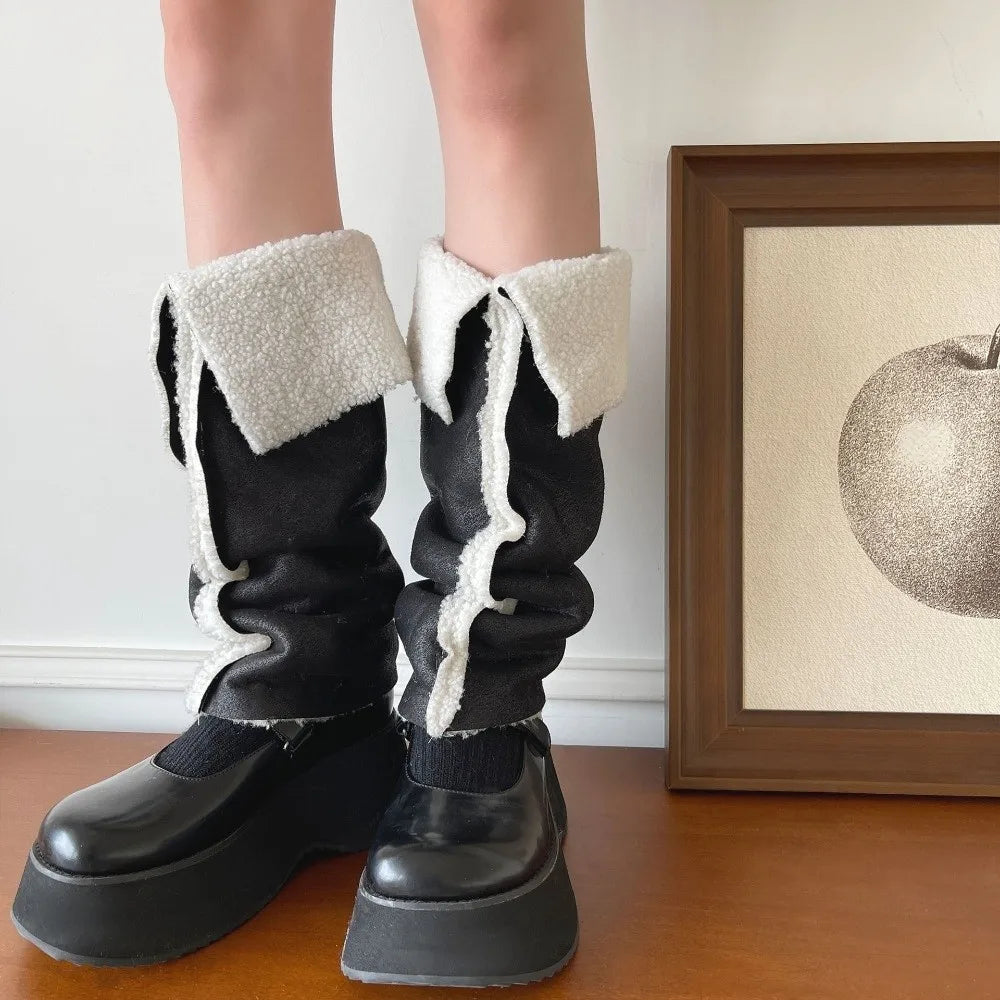 Calentadores de piernas de gamuza gruesa Lolita, diseño de cuello vuelto, protección contra el viento, cubierta para pies, botas cálidas a media pantorrilla, cubierta para Otoño e Invierno