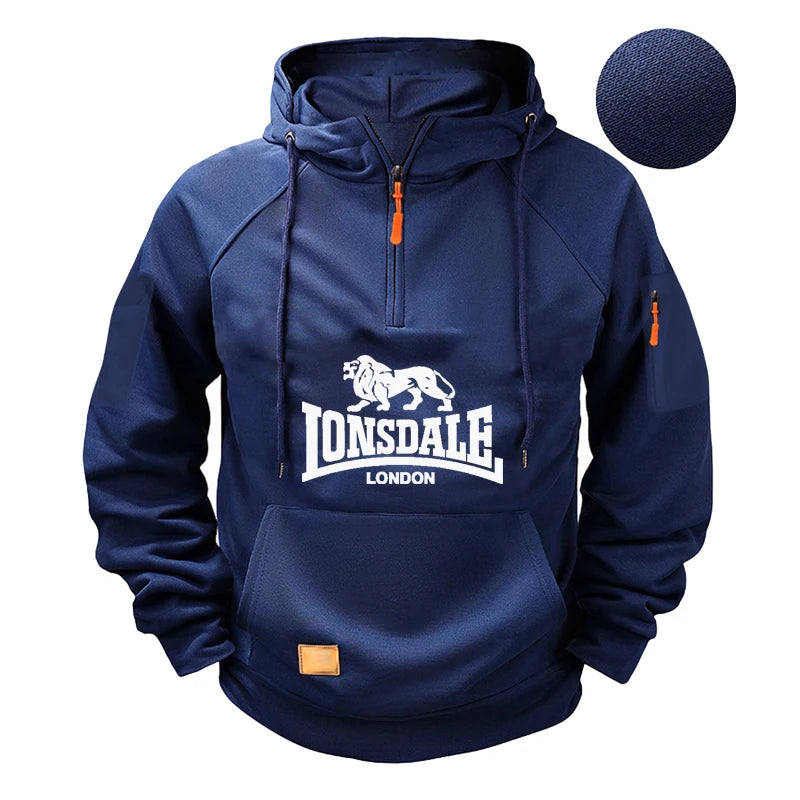 2025 Nuevo jersey con capucha de media cremallera para hombre, moderno y informal, de alta calidad, para ropa deportiva de otoño e invierno