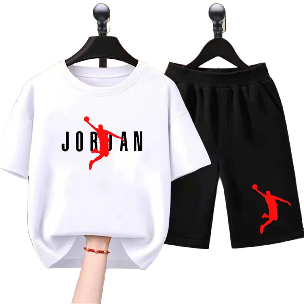Conjunto de camiseta y pantalones cortos informales con estampado Harajuku Jordan, 100% algodón, diseño clásico, regalo de verano para niños y niñas de 3 a 14 años